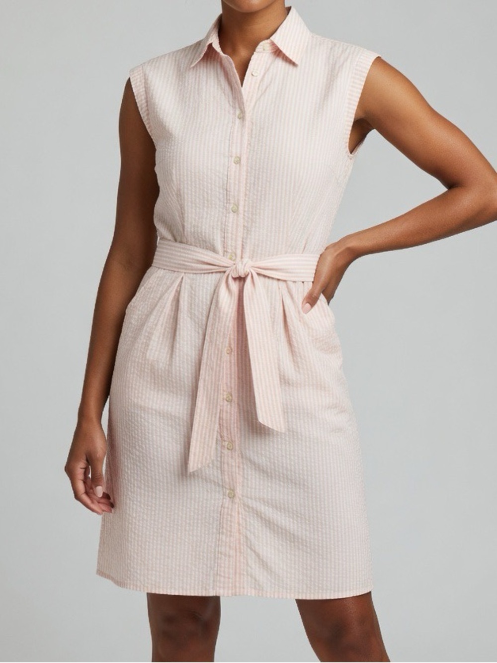 LOFT Sleeveless Seersucker Peach Stripe Dress Button Up size 4 - Picture 4 of 11